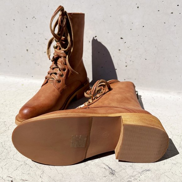 NEW Camel Brown Laced Up Zipper Back Wooden Heel Mid Calf Ankle Combat Boots - Picture 6 of 13